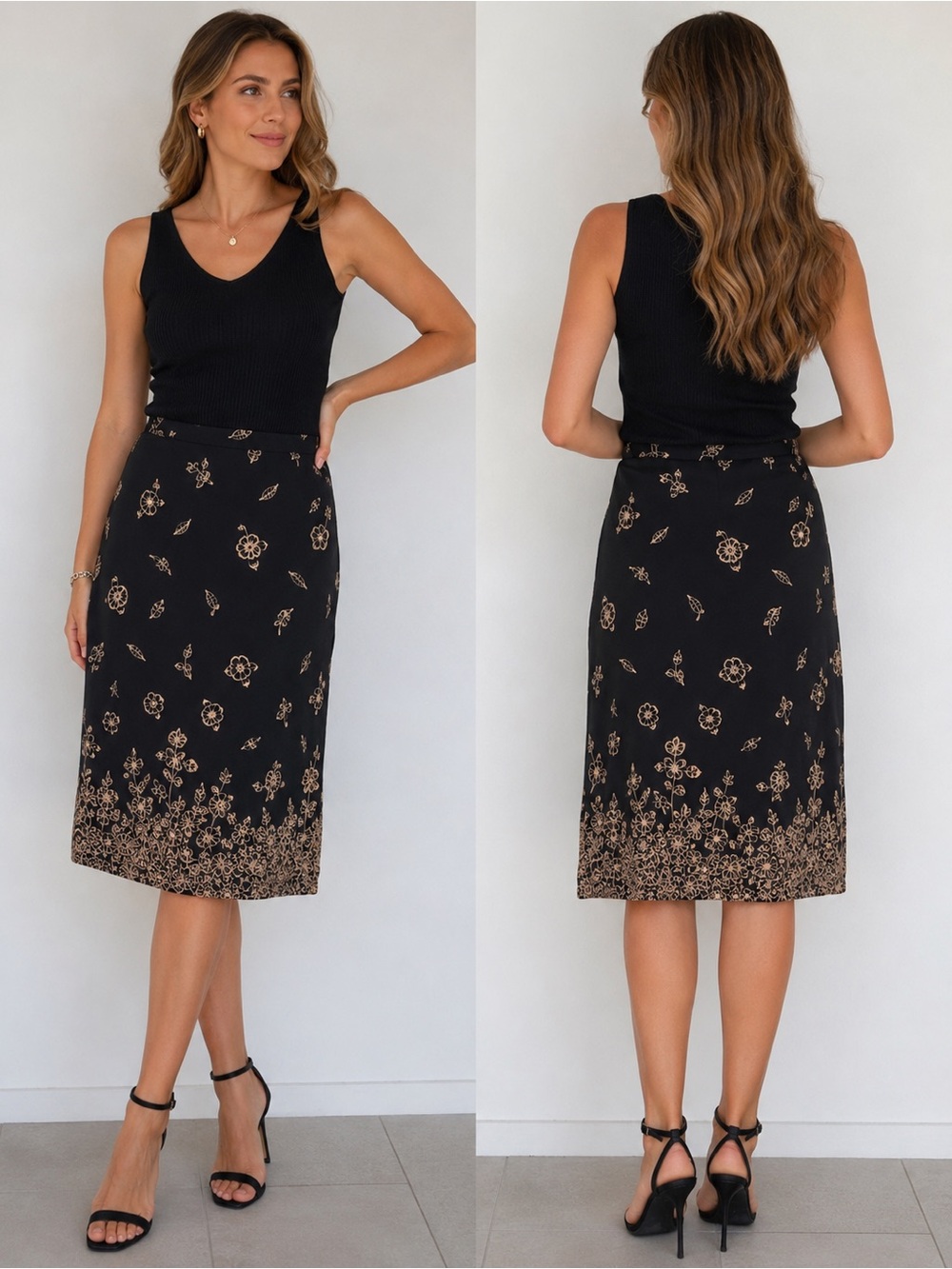 Worthington Floral Wrap Midi Skirt Women’s Size 10 Black Beige Boho